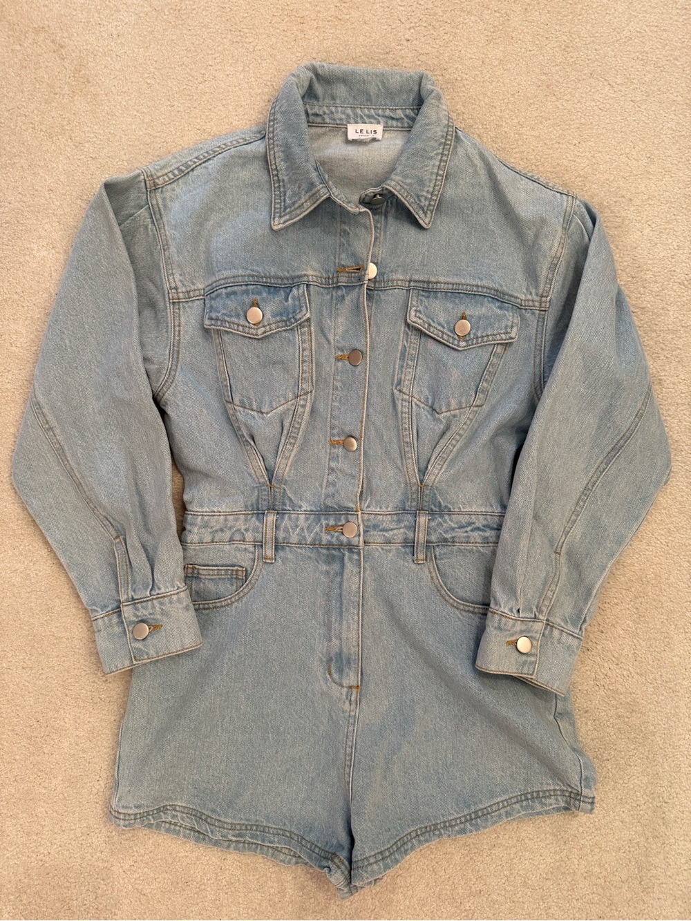 Le Lis Denim Romper Womens M Light Wash Long Sleeve Utility Jean Jumpsuit